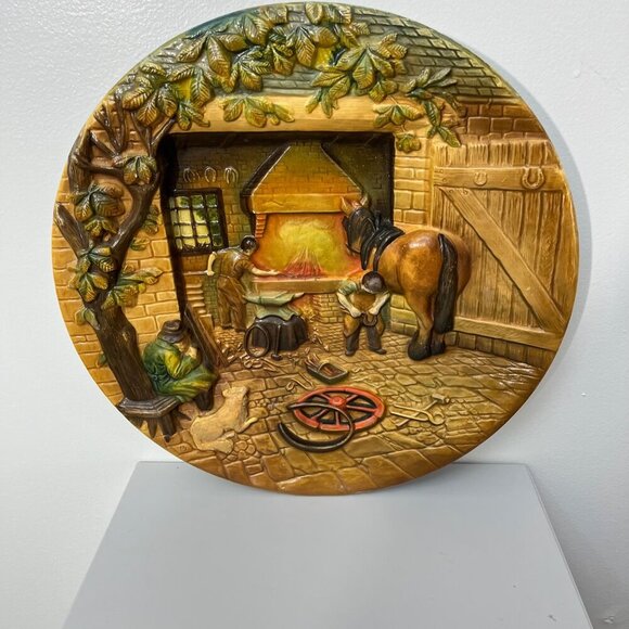 Vintage W.H. Bossons Hand-Painted Wall‎ Plaque Blacksmith Workshop Scene England - Picture 1 of 6
